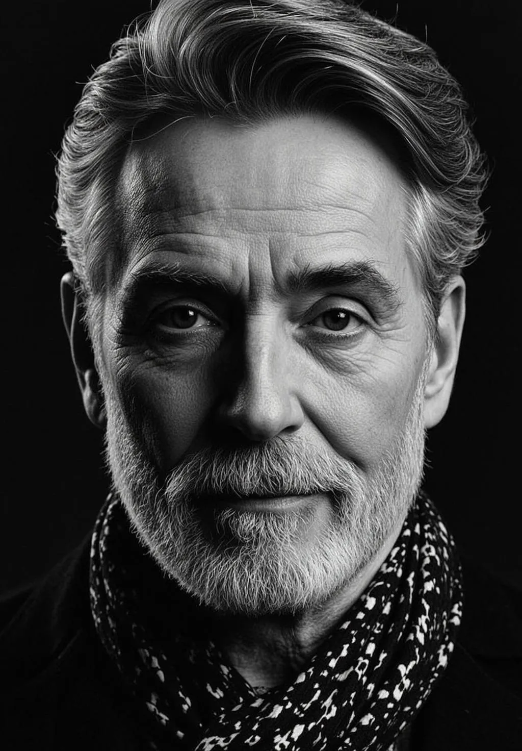 Photorealistic Black And White Medium Close-up Portrait Older Man With