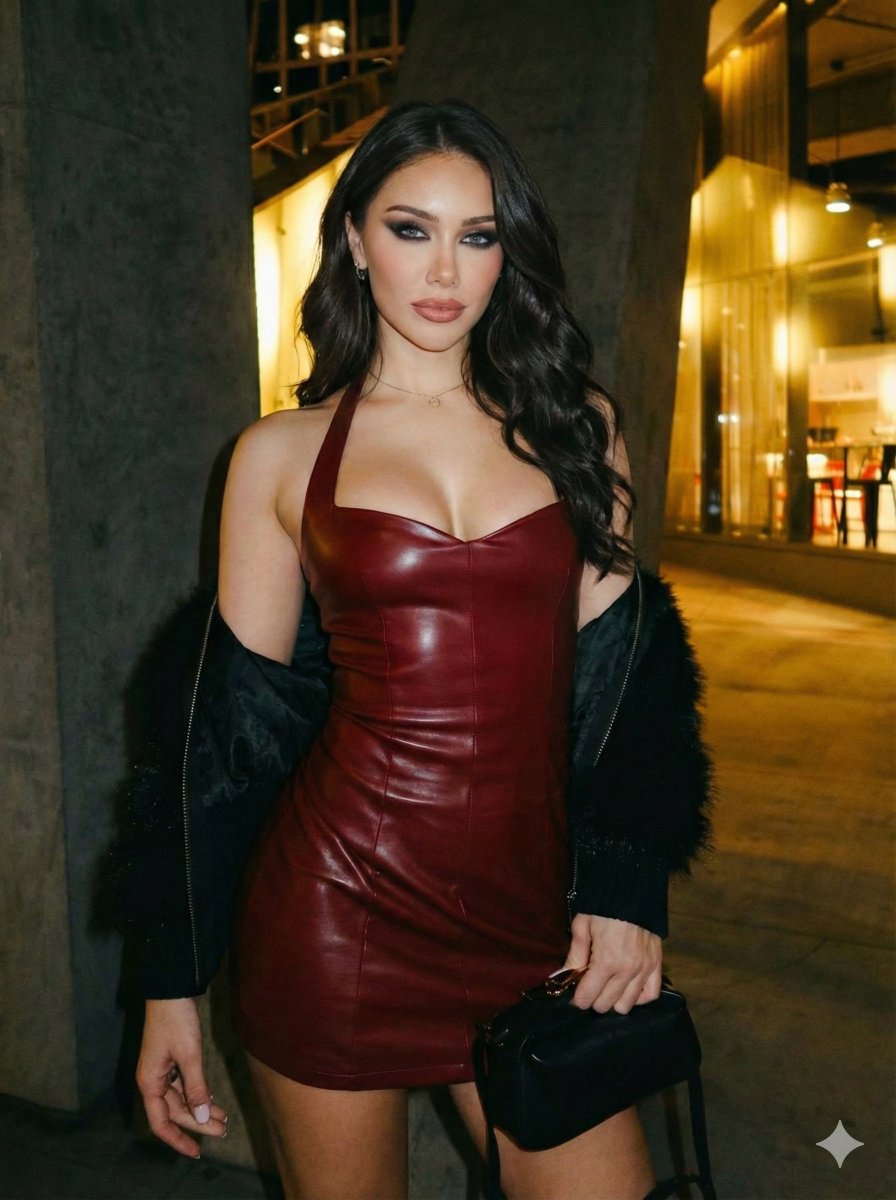 A confident young woman with platinum blonde hair wearing a cherry red leather dress, standing in front of blurred city lights.