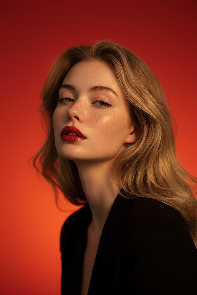 A vibrant editorial portrait featuring a confident individual with a smooth gradient background, dramatic lighting, and professional attire.