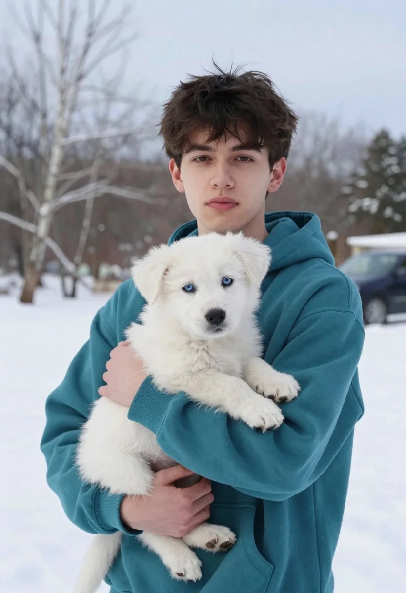 Young Man With Dark Hair Stands Snowy Landscape Holding Small