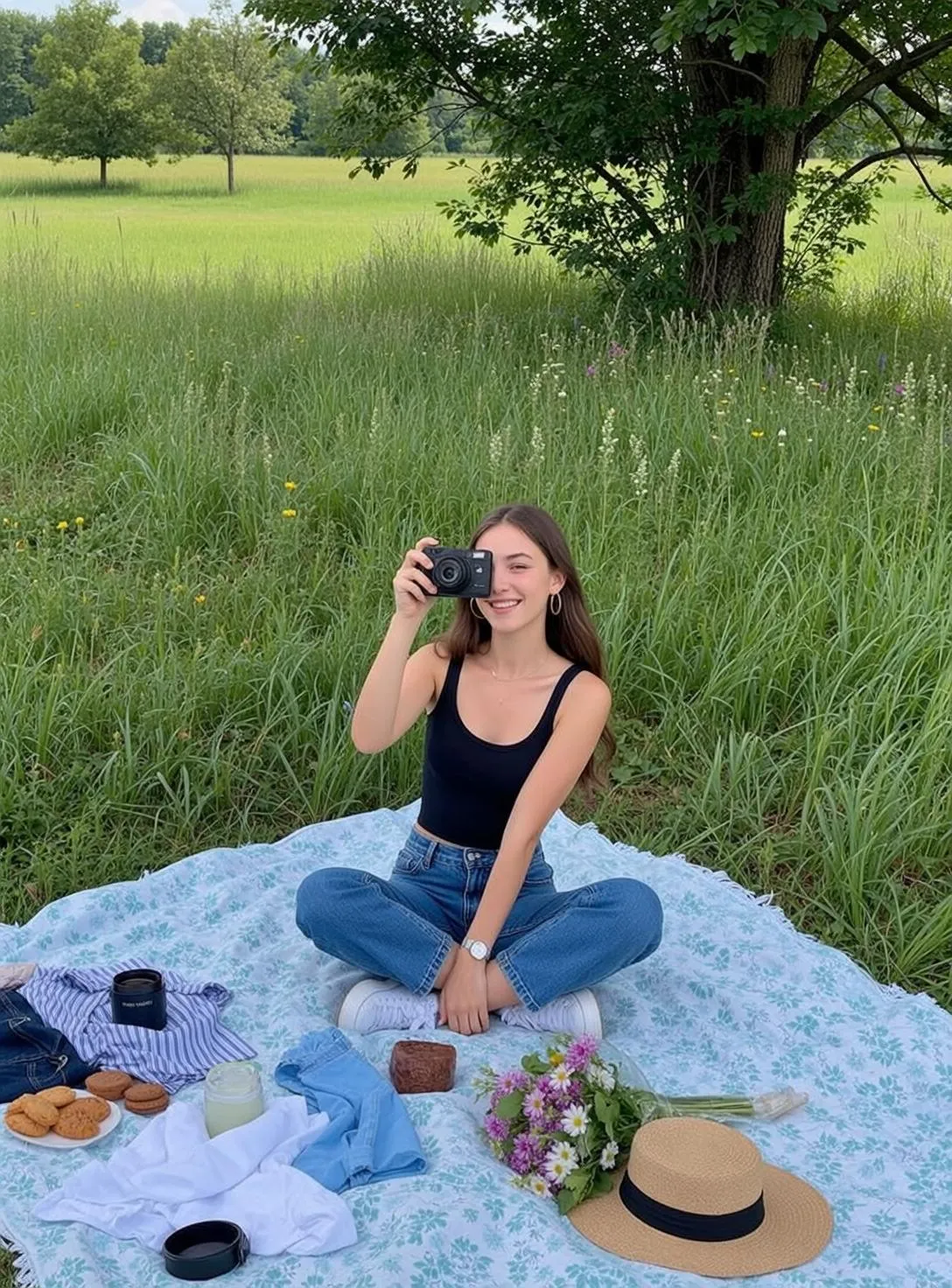 Earrings And Necklace In A Grassy Field With Wildflowers