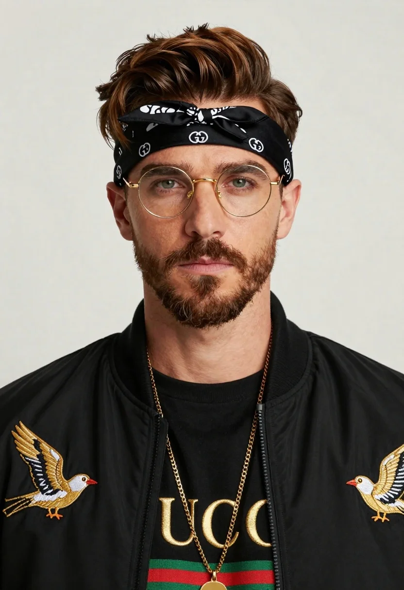 Close-up portrait of a man with styled brown hair and gold-rimmed glasses wearing a black silk bandana.