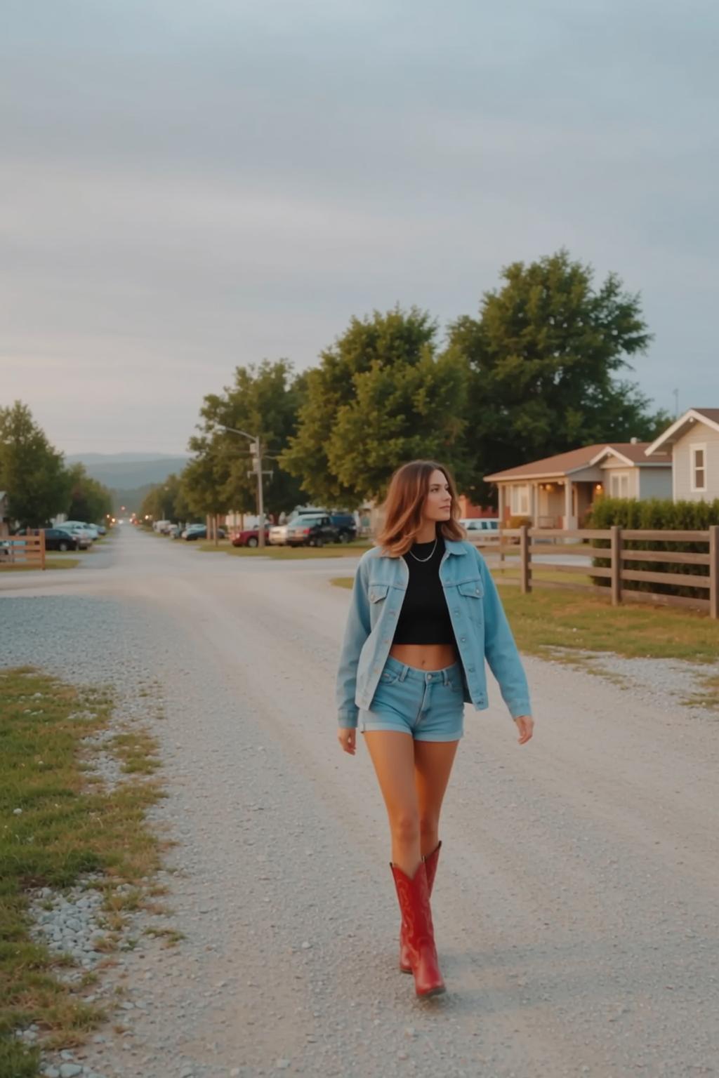 Cowgirl Walks Forward Gravel Road Her Body