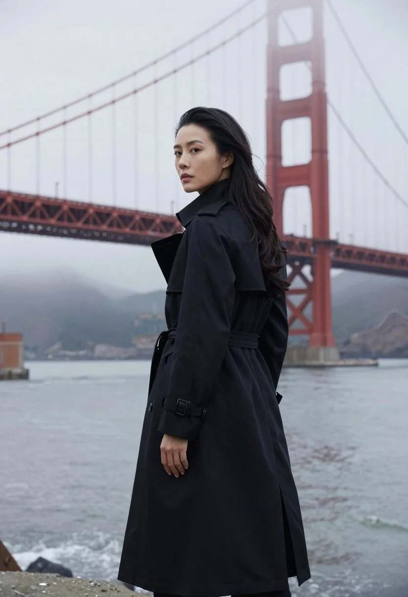 Woman With Long Dark Hair Stands Profile Against Foggy Backdrop
