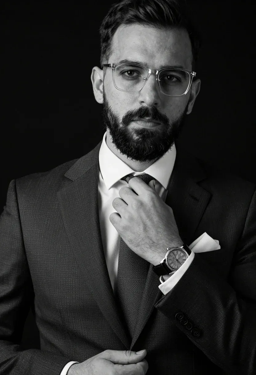 Glasses And Wristwatch Adjusting A Tie In A Suit