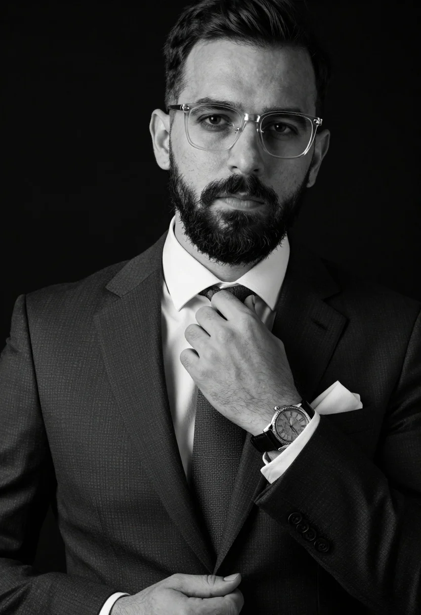 Confident Man Sharp Suit Adjusts His Tie While Wearing Clear-framed