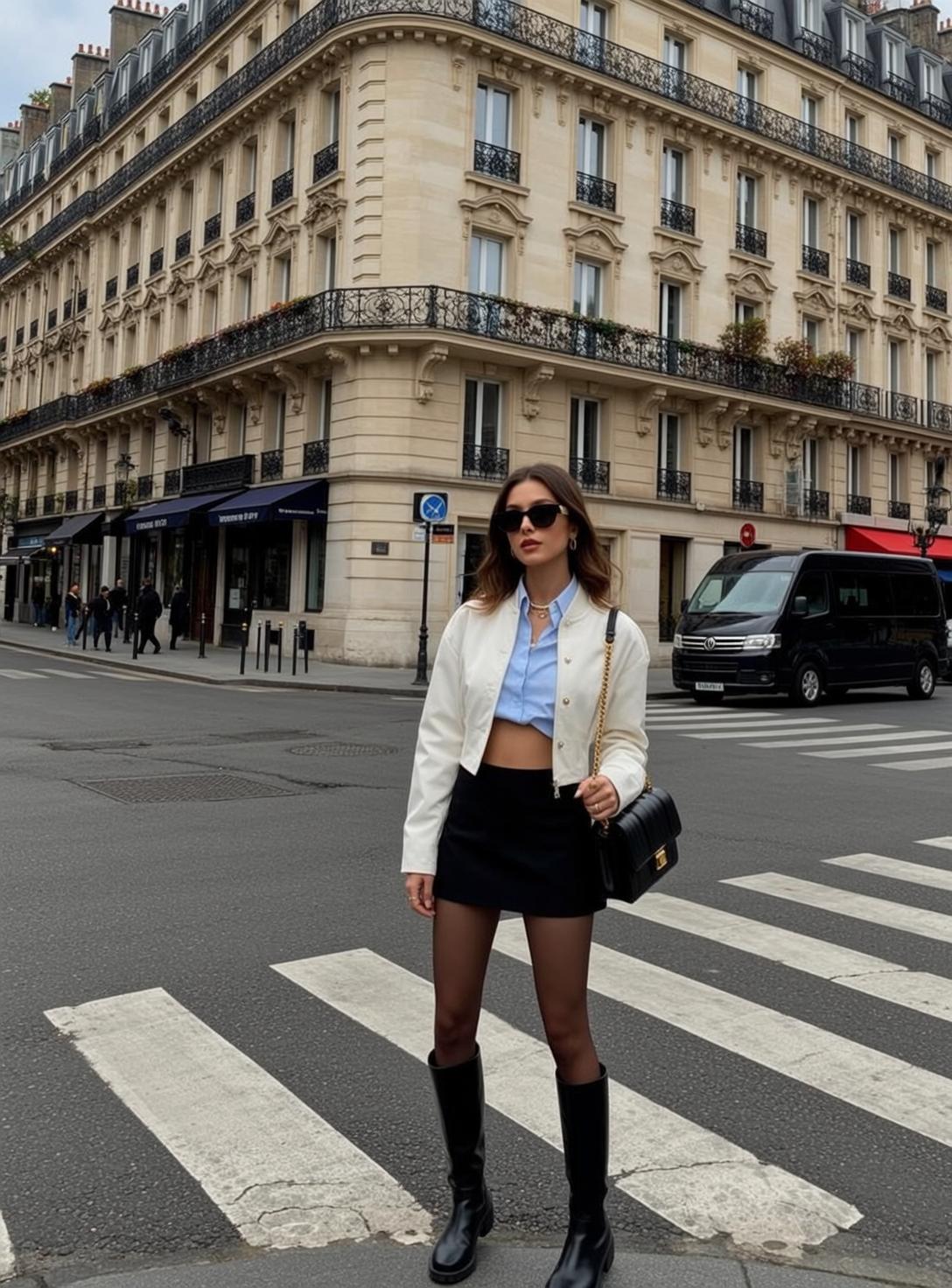 Paris Street Crosswalk Woman Black Skirt Sunglasses