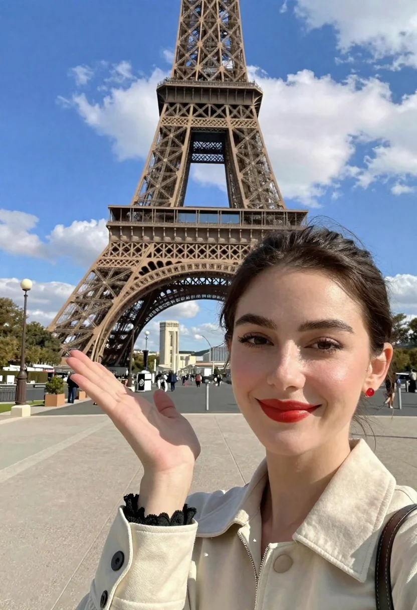 Close-up Selfie Smiling Woman With Dark Hair And Red Lipstick reference photo