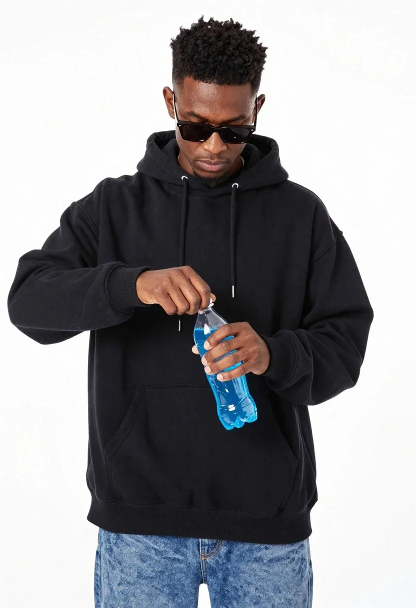 Medium Shot Young Man Casual Streetwear Opening Blue Sports Drink