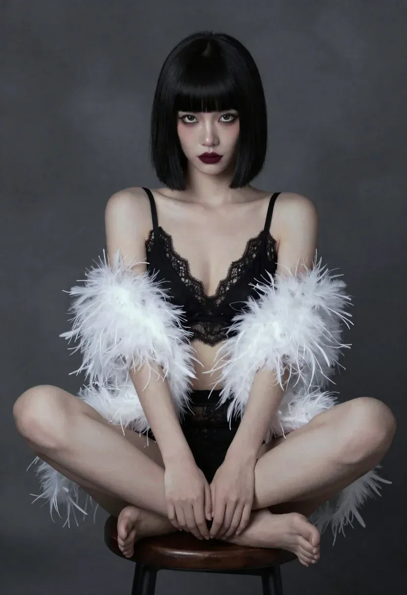 Woman With Short Black Hair And Straight Fringe Sits Stool