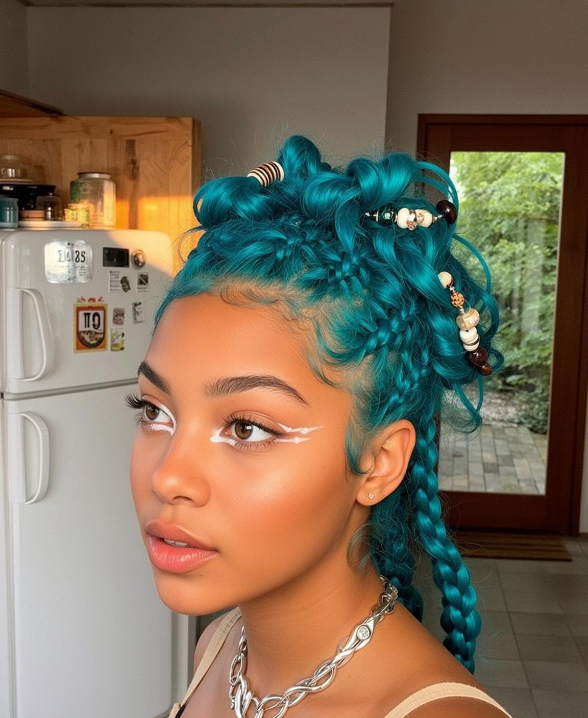 Teal Braided Hair In Kitchen Sunlight