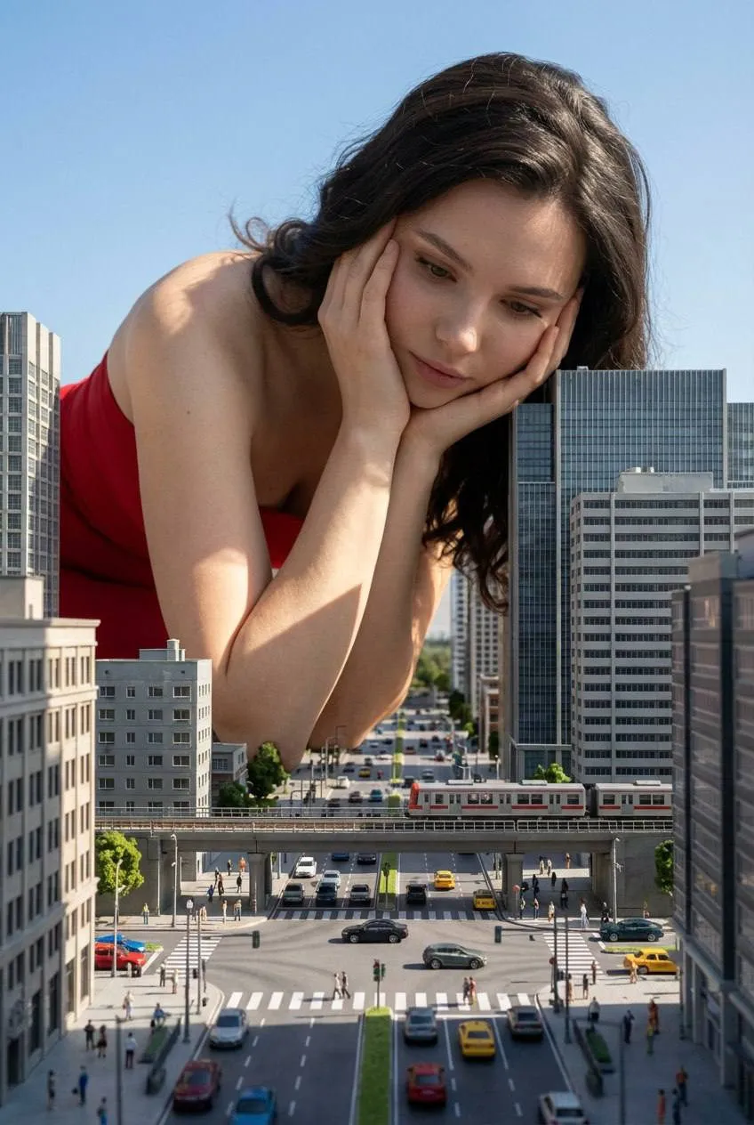 Giant Person Urban Intersection Hyperrealistic