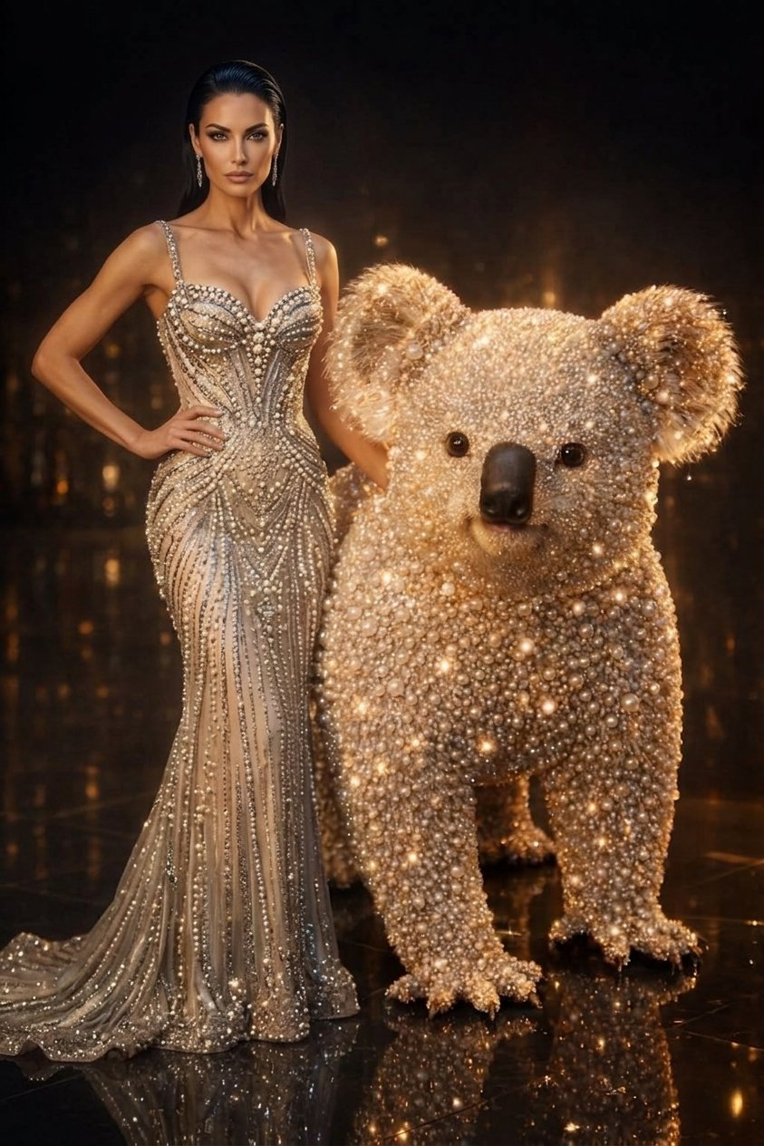 Elegant woman in a pearl embellished gown posing with a giant koala sculpture encrusted in shimmering pearls.