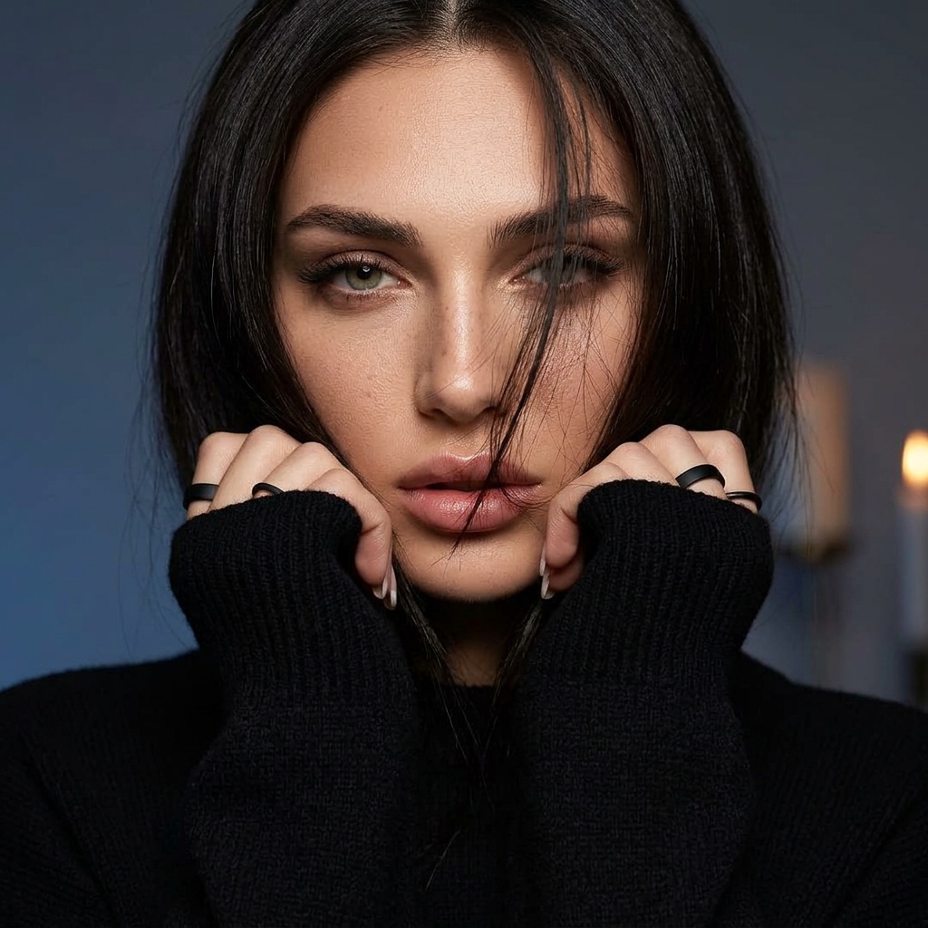 A mysterious woman in a black oversized sweater frames her face with her hands, showcasing a dramatic expression.