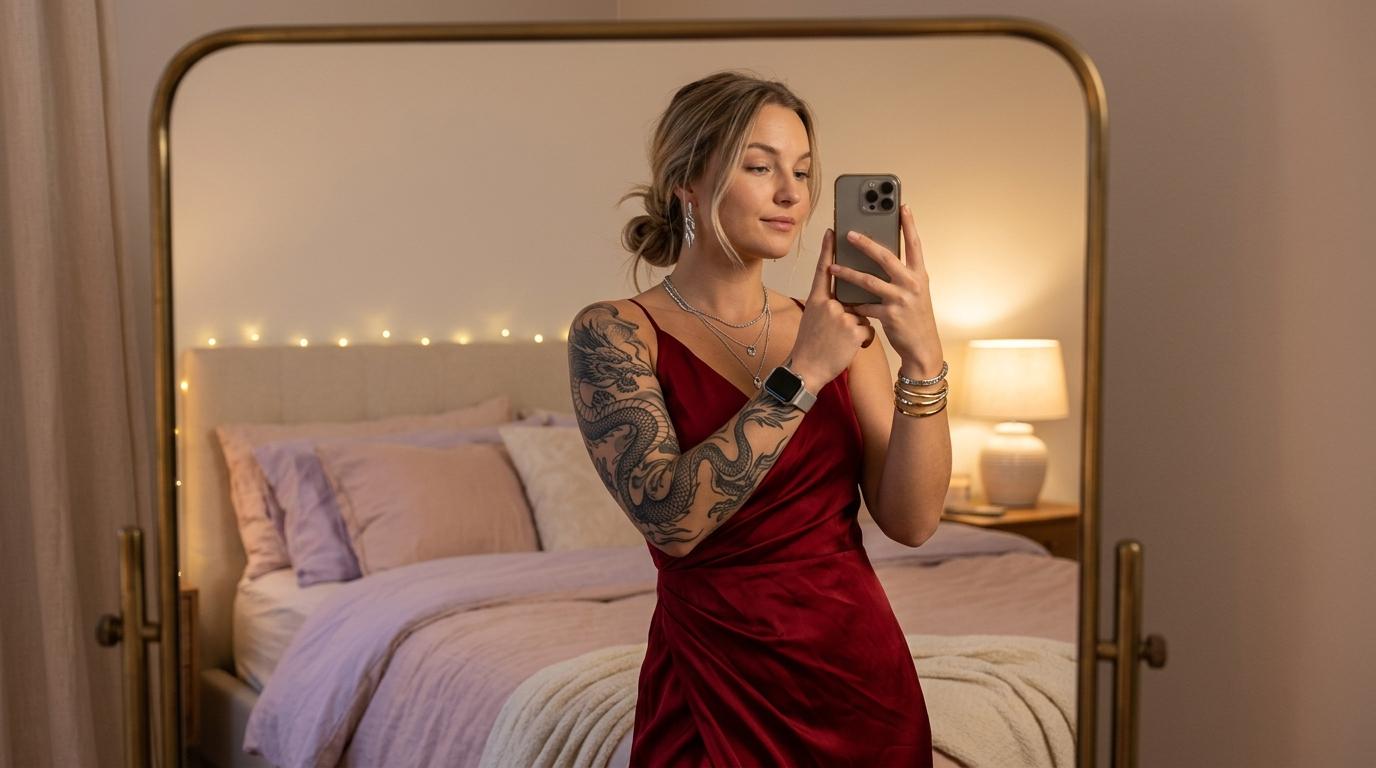 Red Satin Dress Takes Selfie In Mirror