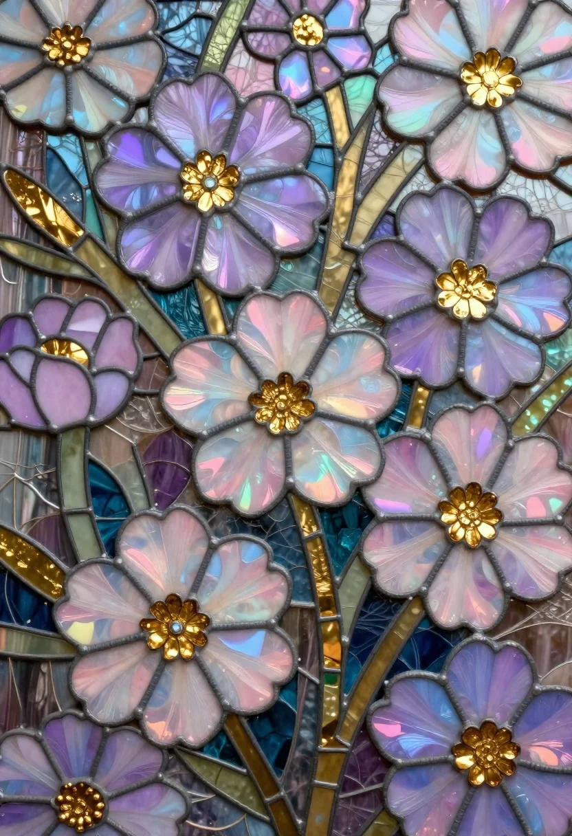 Close-up Dense Floral Mosaic Pattern Composed Stained Glass And Metalwork reference photo