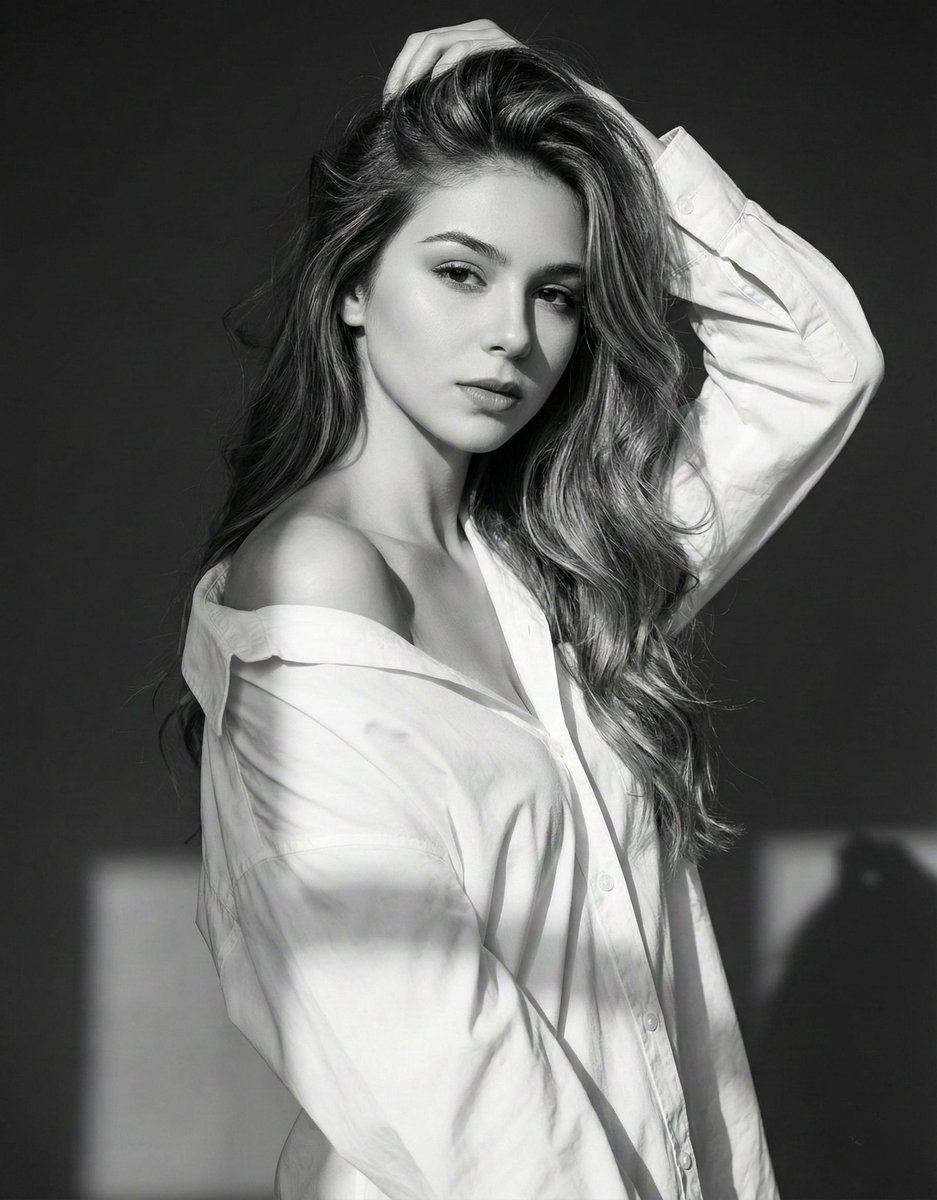 A young woman in an oversized white shirt poses confidently, lifting her hair against a plain black-and-white backdrop.