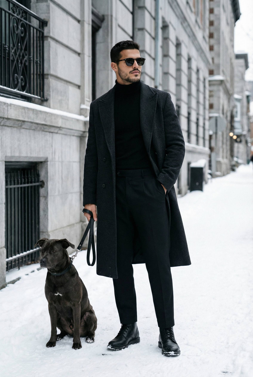 A man in a dark charcoal wool overcoat, standing on a snowy European street with a pitbull dog by his side, gentle overcast light