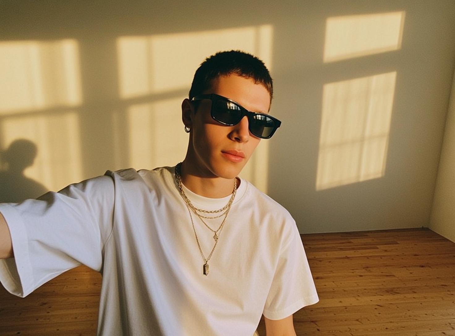 Young Short Buzz Cut Fair White T-shirt