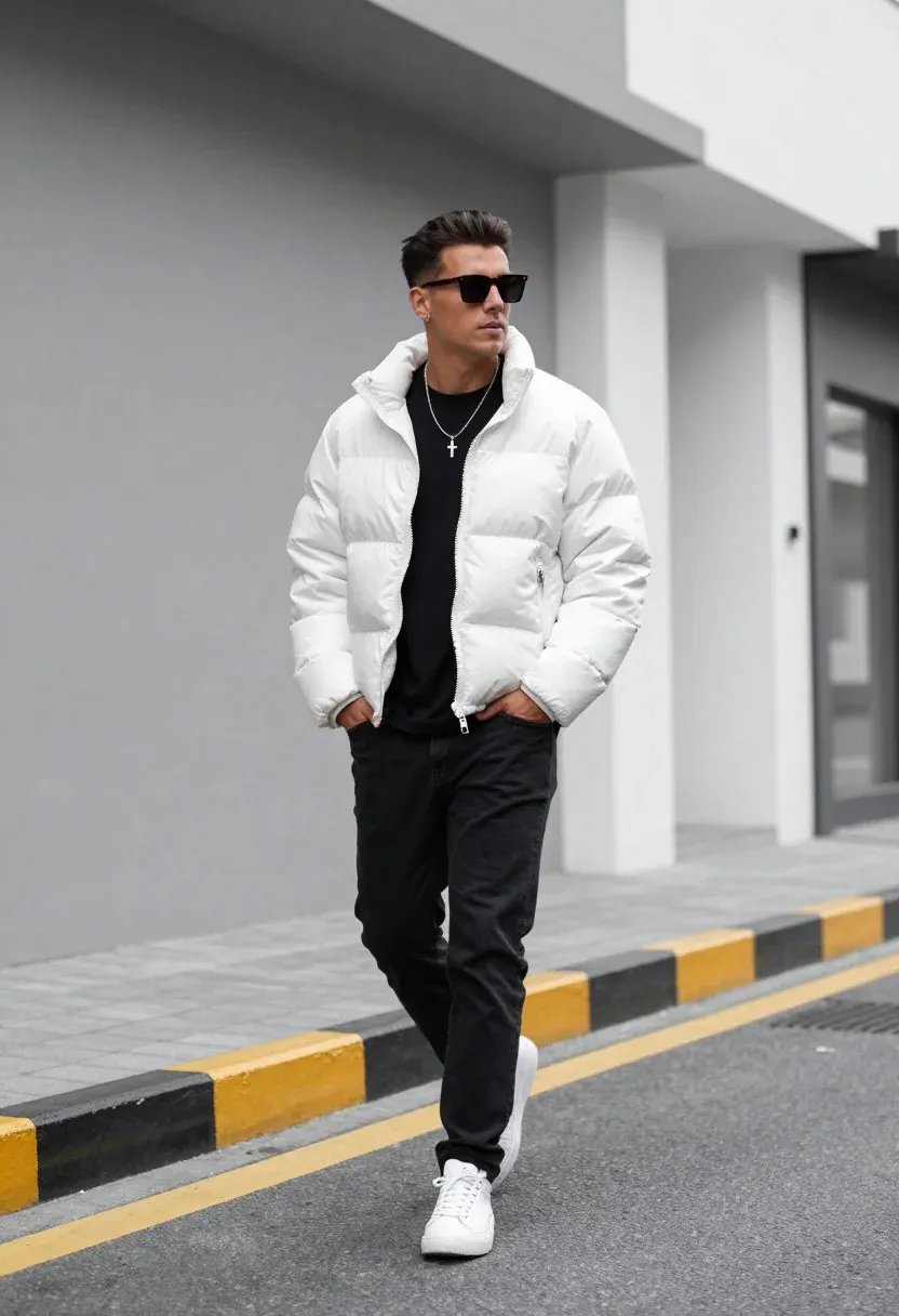 Full-body Shot Stylish Man Walking Confidently Along Paved Road Next