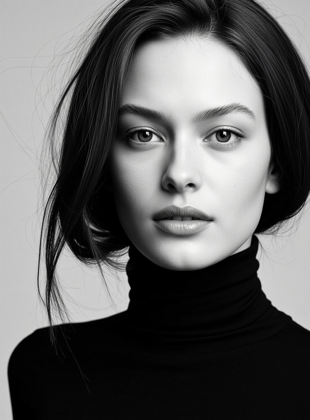 Photorealistic Black And White Medium Close-up Portrait Young Woman With