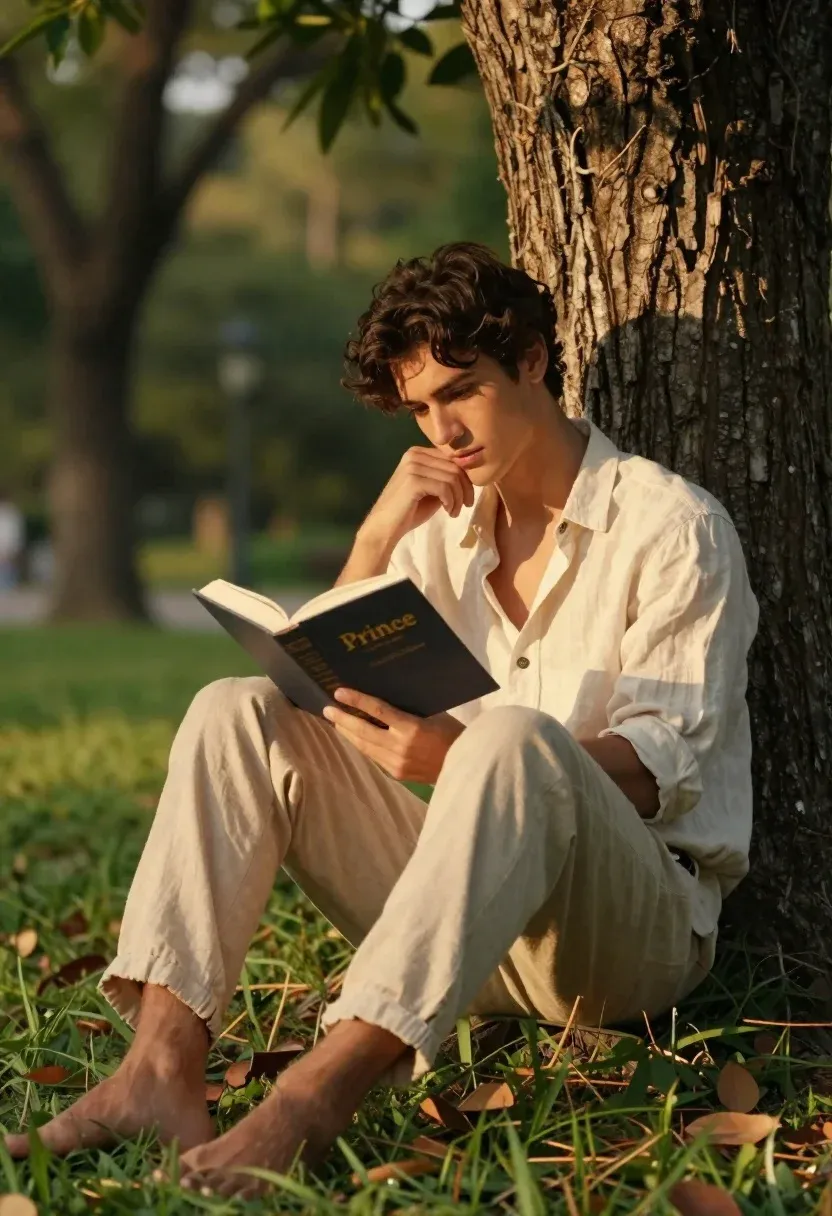 Young Man Sits Barefoot Against Large Tree Trunk Sunlit Park