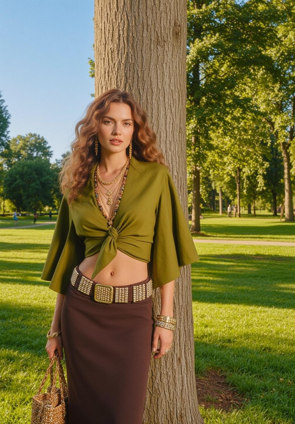 Olive Crop Top Brown Skirt Park