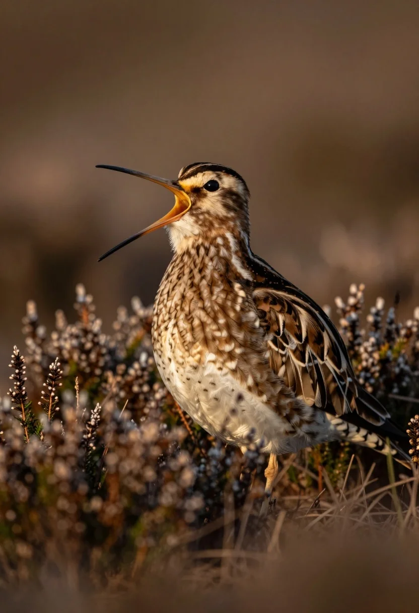 Close-up Portrait Snipe Bird Standing Amidst Low-lying Vegetation With Its