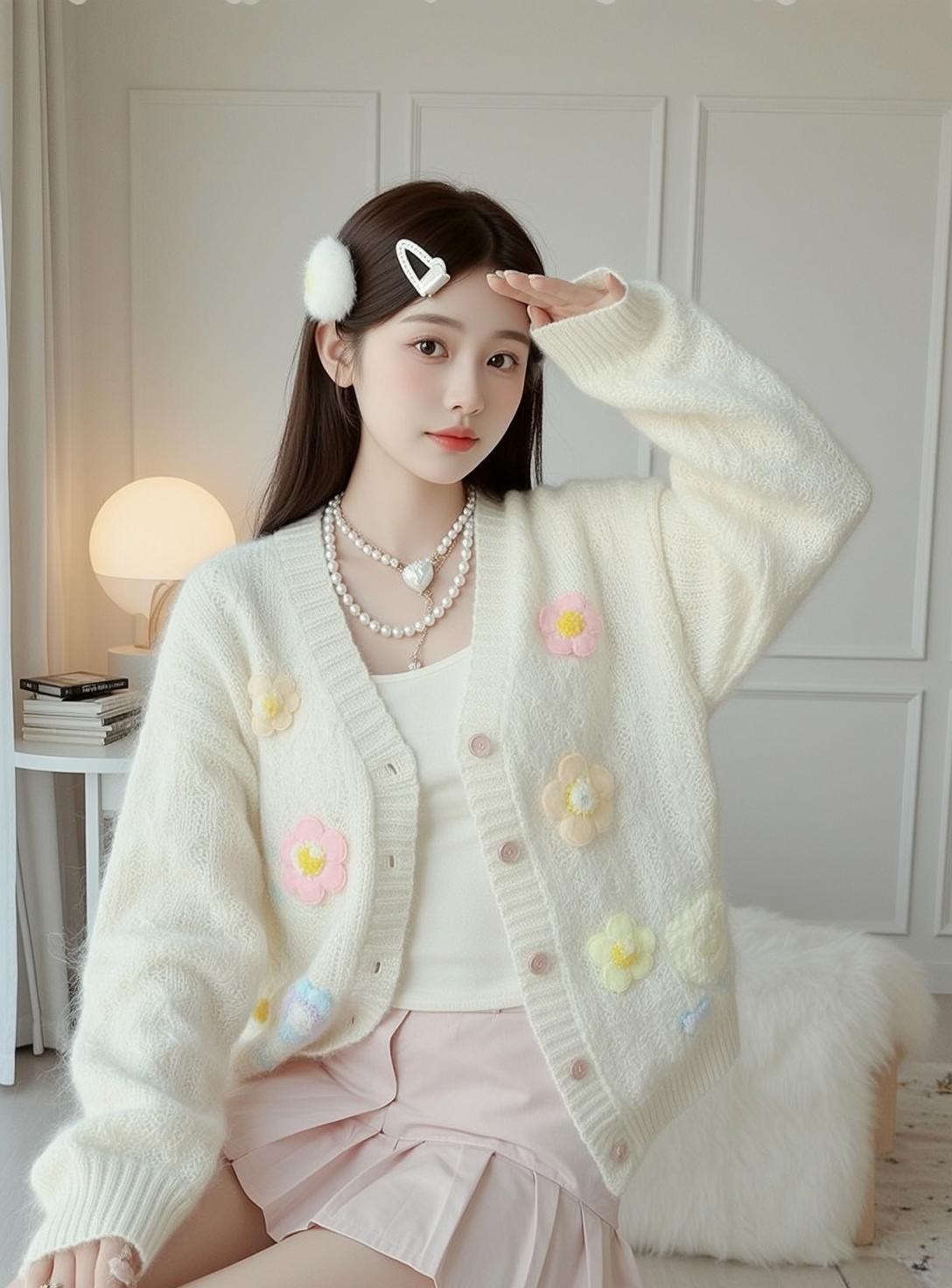 Pink Skirt with Flower Cardigan