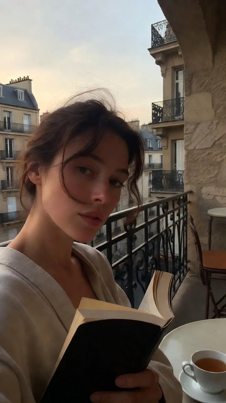 Balcony Holding Book Parisian Buildings Soft Light