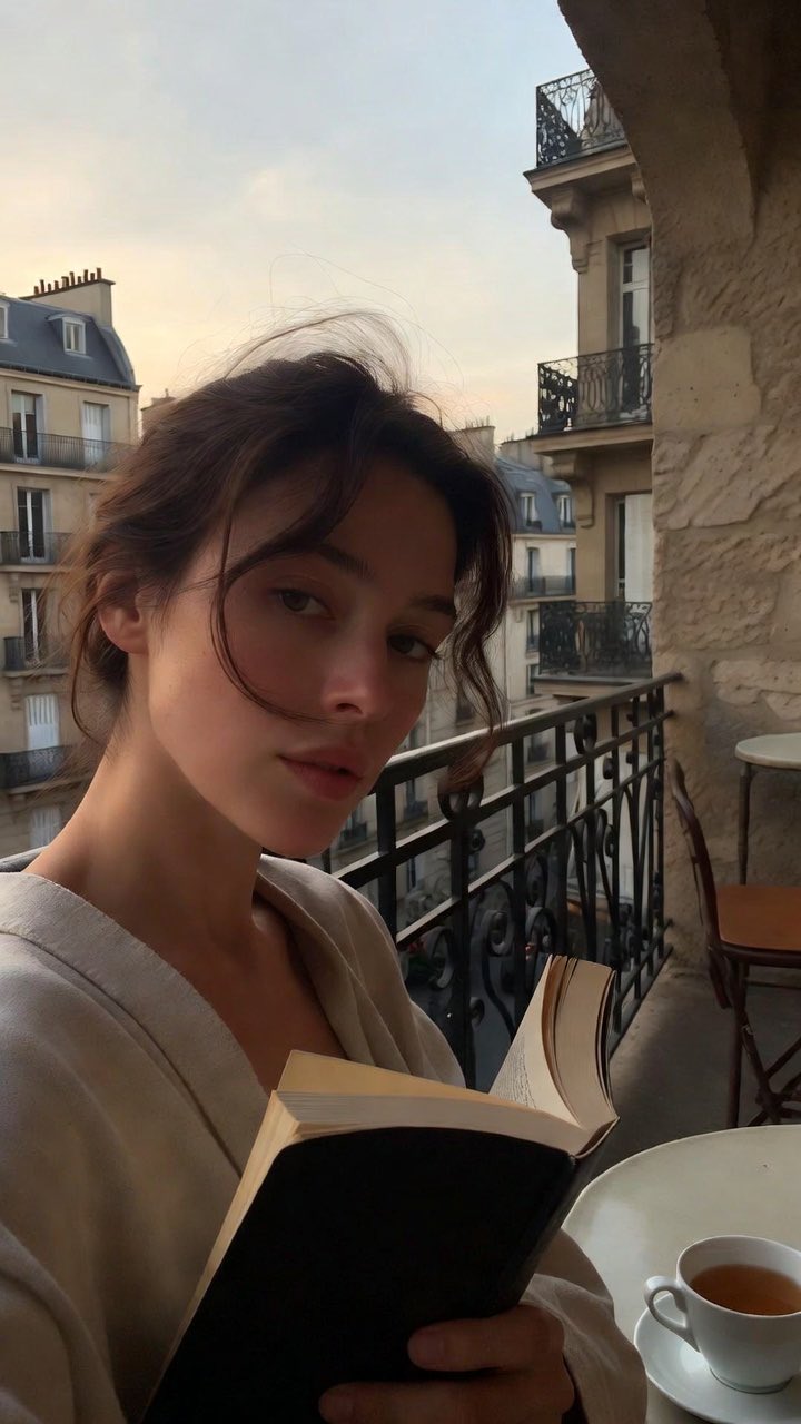Balcony Holding Book Parisian Buildings Soft Light