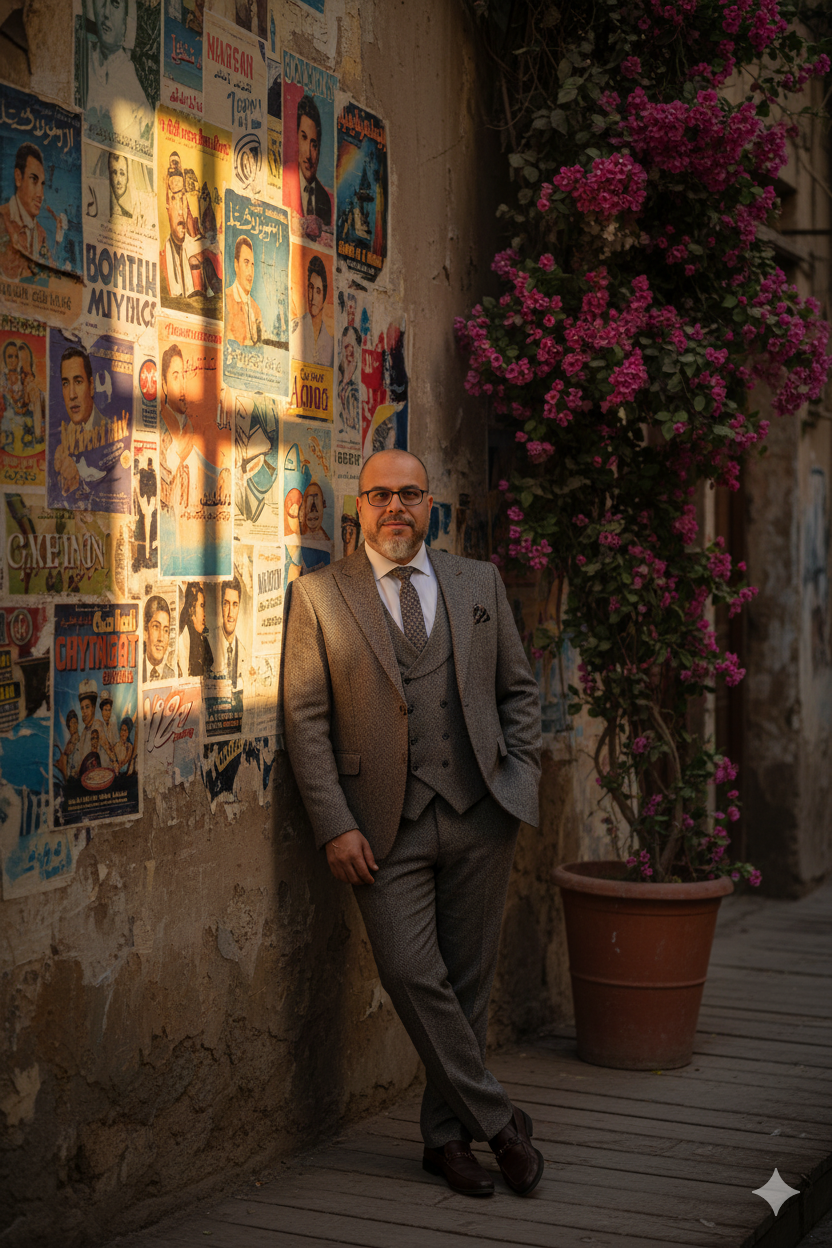 A handsome man in a herringbone suit leaning against a vibrant poster wall, illuminated by warm golden hour light.