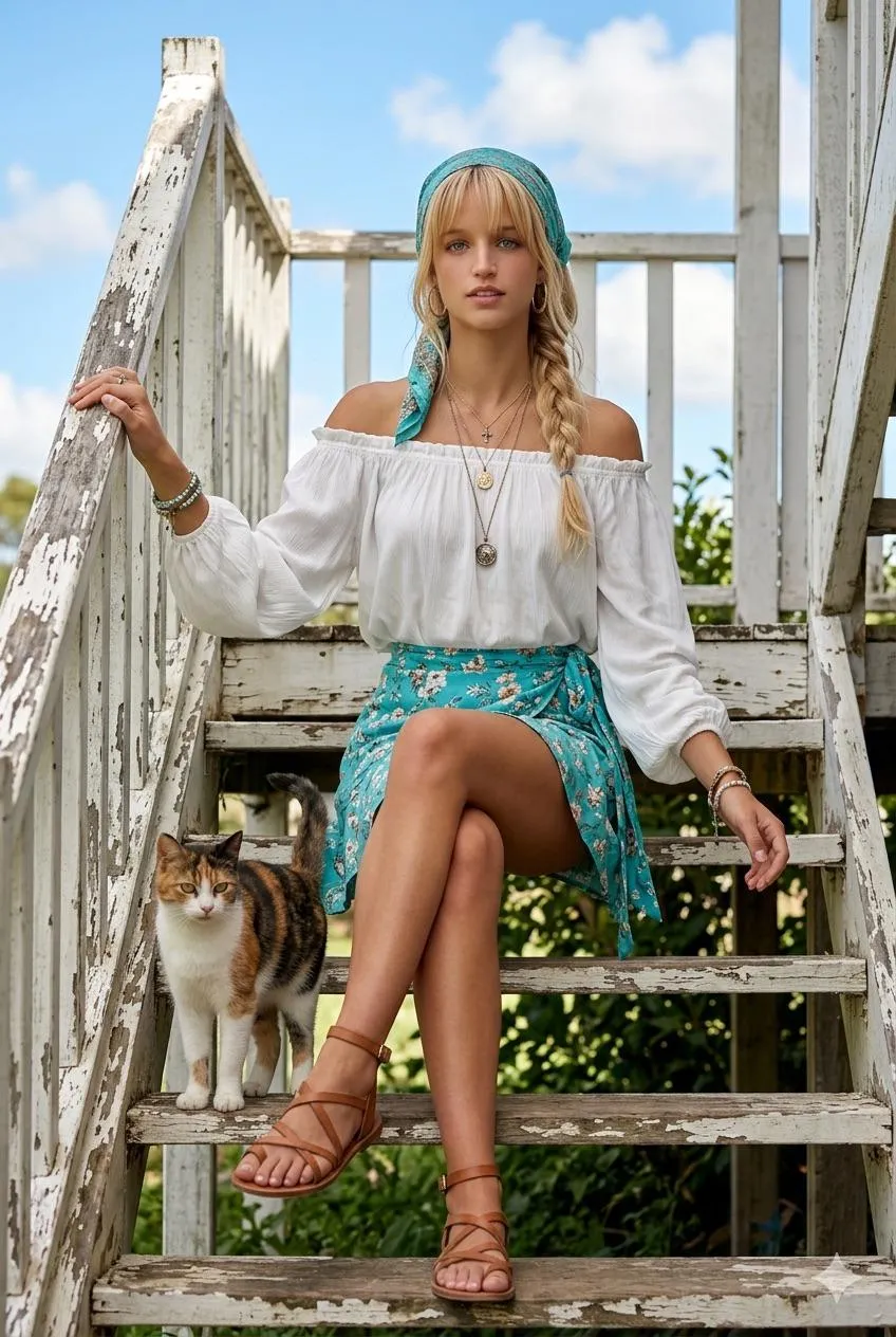 Earrings Necklace Bracelets And Rings In Skirt Portrait