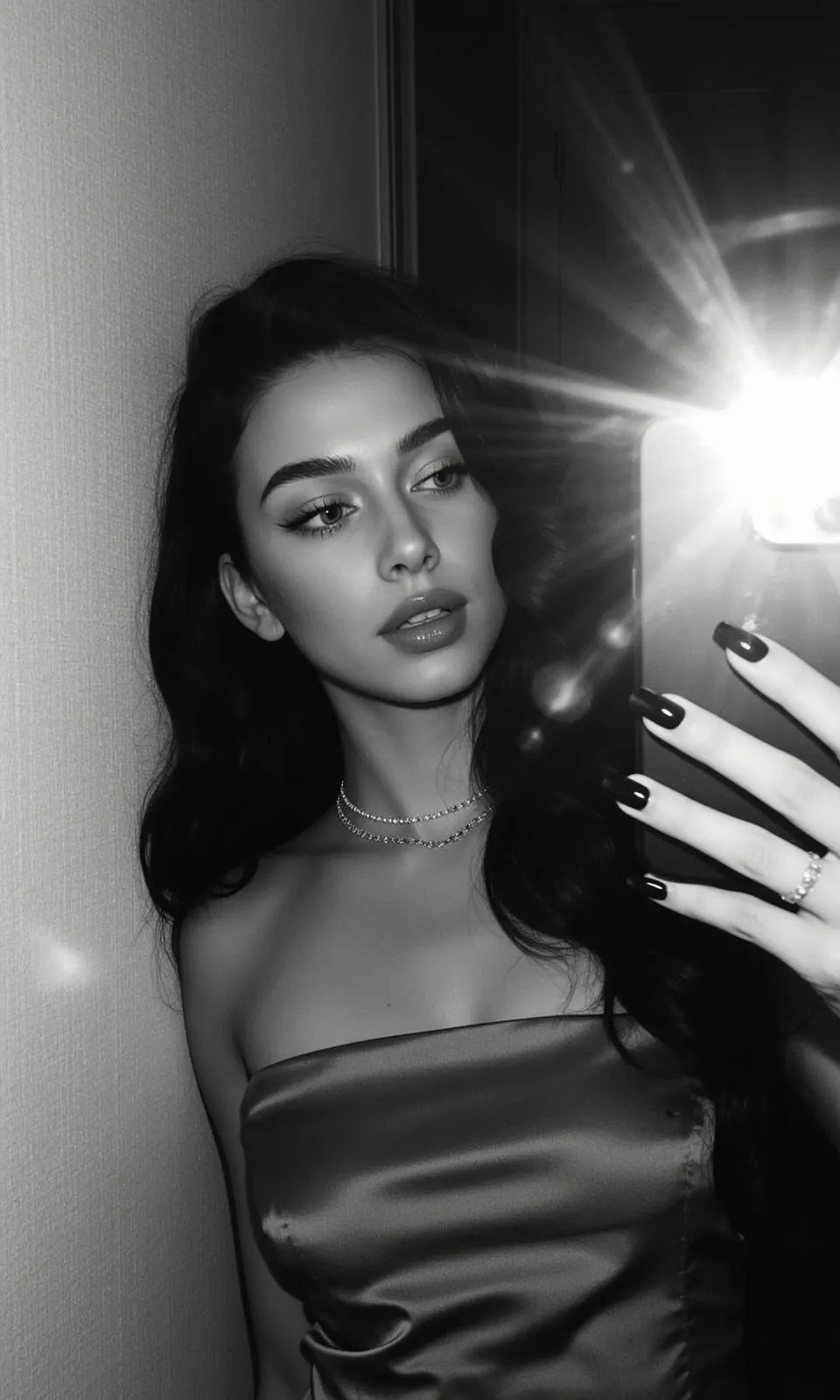 Makeup Necklace Rings And Manicure With Strapless Shimmering Satin Top