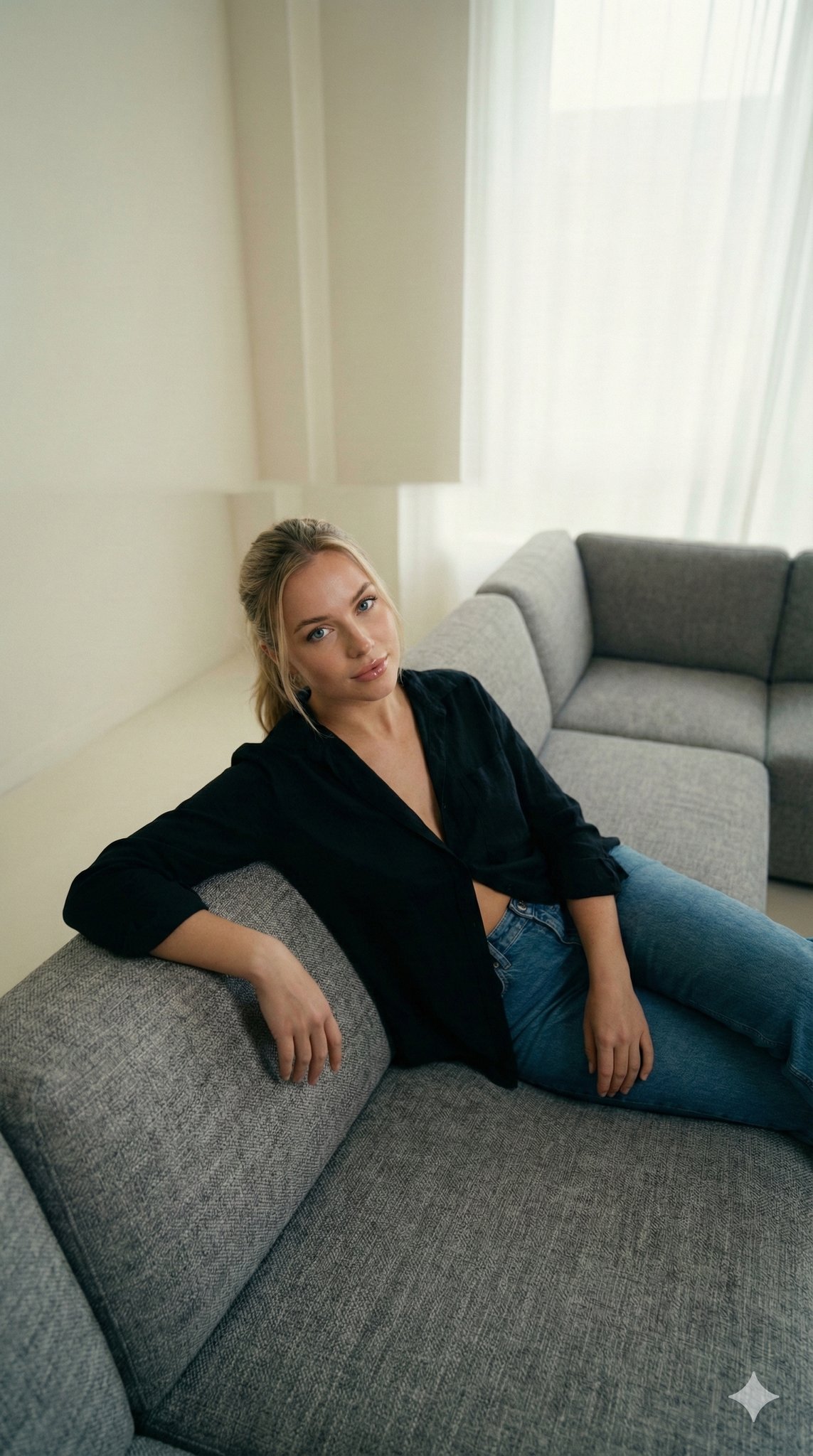 A beautiful young woman with blonde hair casually reclining on a grey sofa, wearing a black shirt and blue jeans.