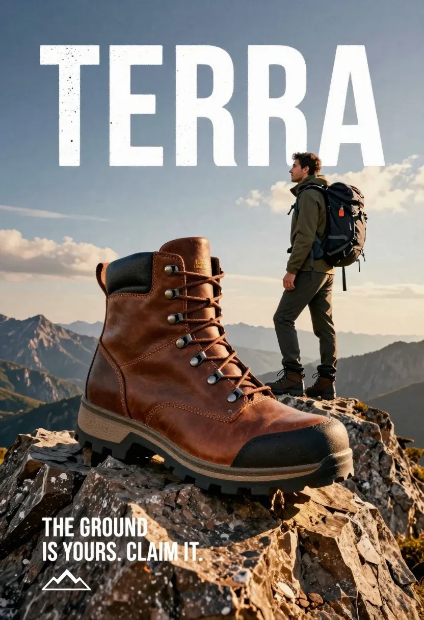 Massive Brown Leather Hiking Boot Rests Jagged Rock Peak The