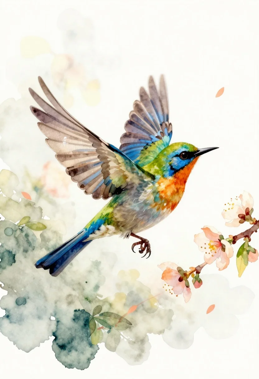 Watercolor Illustration Vibrant Bird Mid-flight Against Soft White Background Subject reference photo