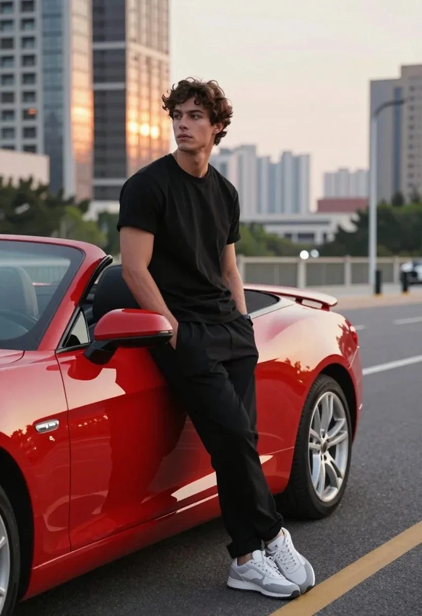 Handsome Young Man With Curly Brown Hair Leans Casually Against