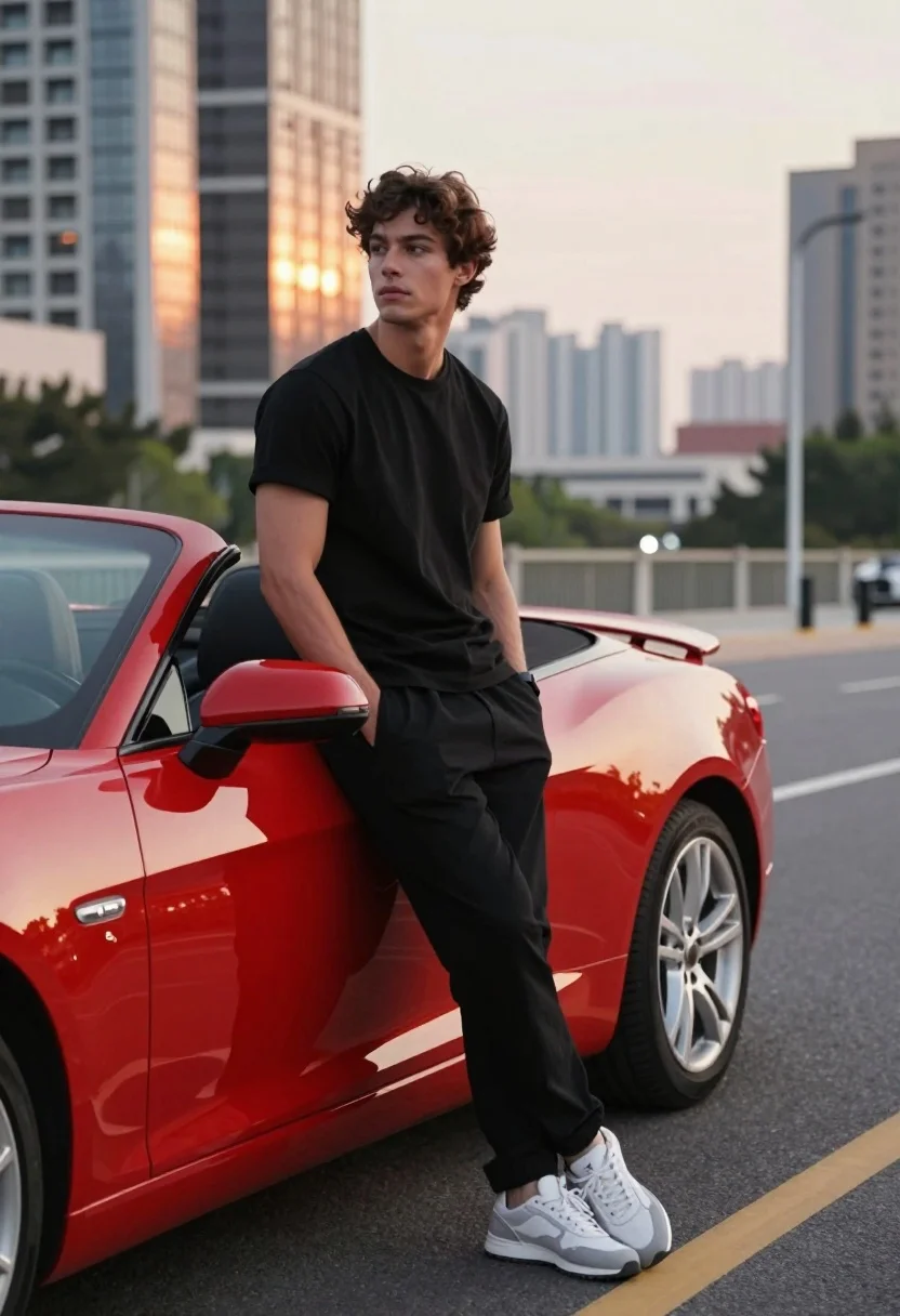 A handsome young man with curly brown hair leaning casually against a bright red convertible sports car on an urban road at dusk.