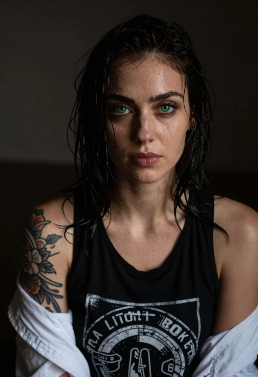 Moody Close-up Portrait Dark-haired Woman With Intense Green Eyes And reference photo