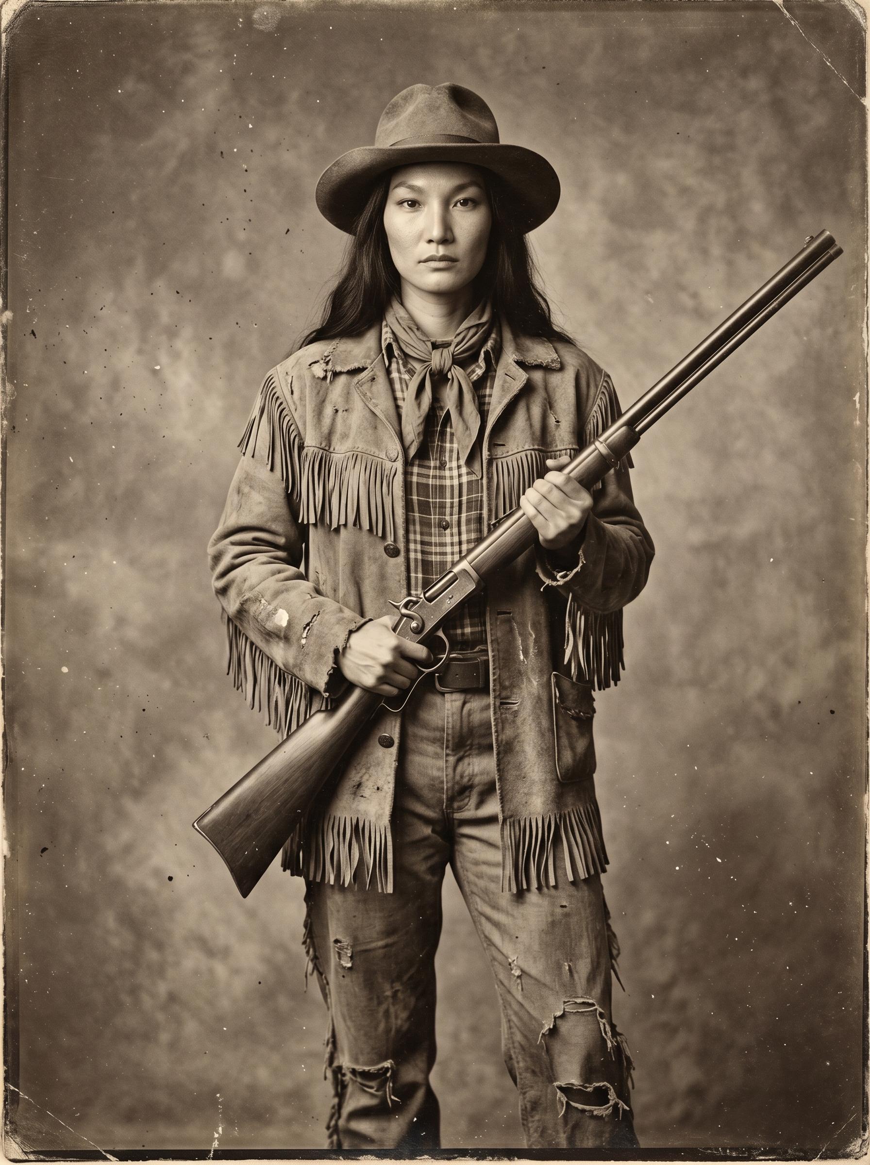 19th Century Tintype Cowboy Hat Suede Fringe Jacket Rifle