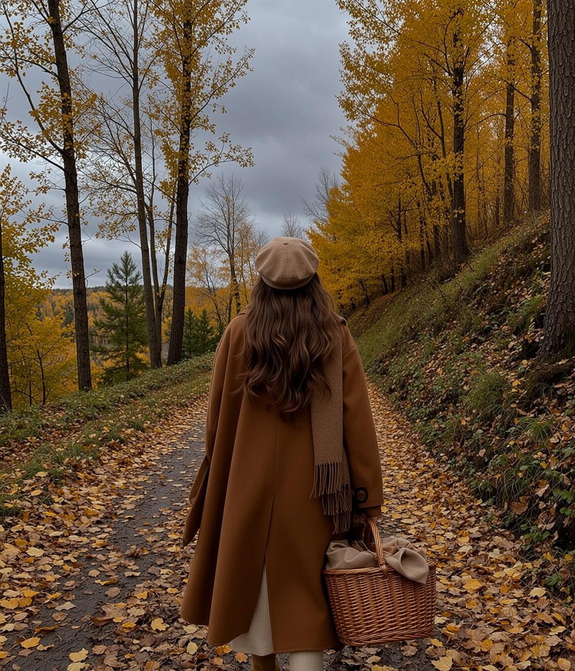 Autumn Captured Walking Away Leaf-strewn Path Autumnal