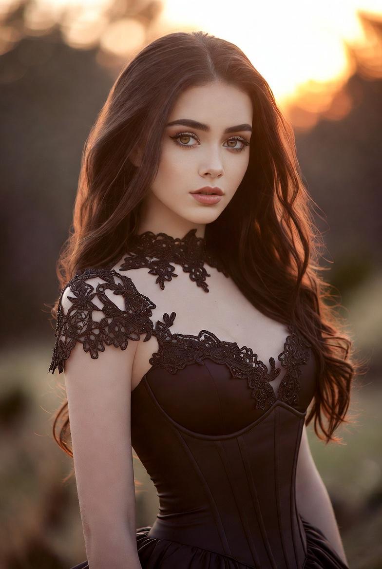 Dark Hair Corset Dress Outdoor Golden Hour