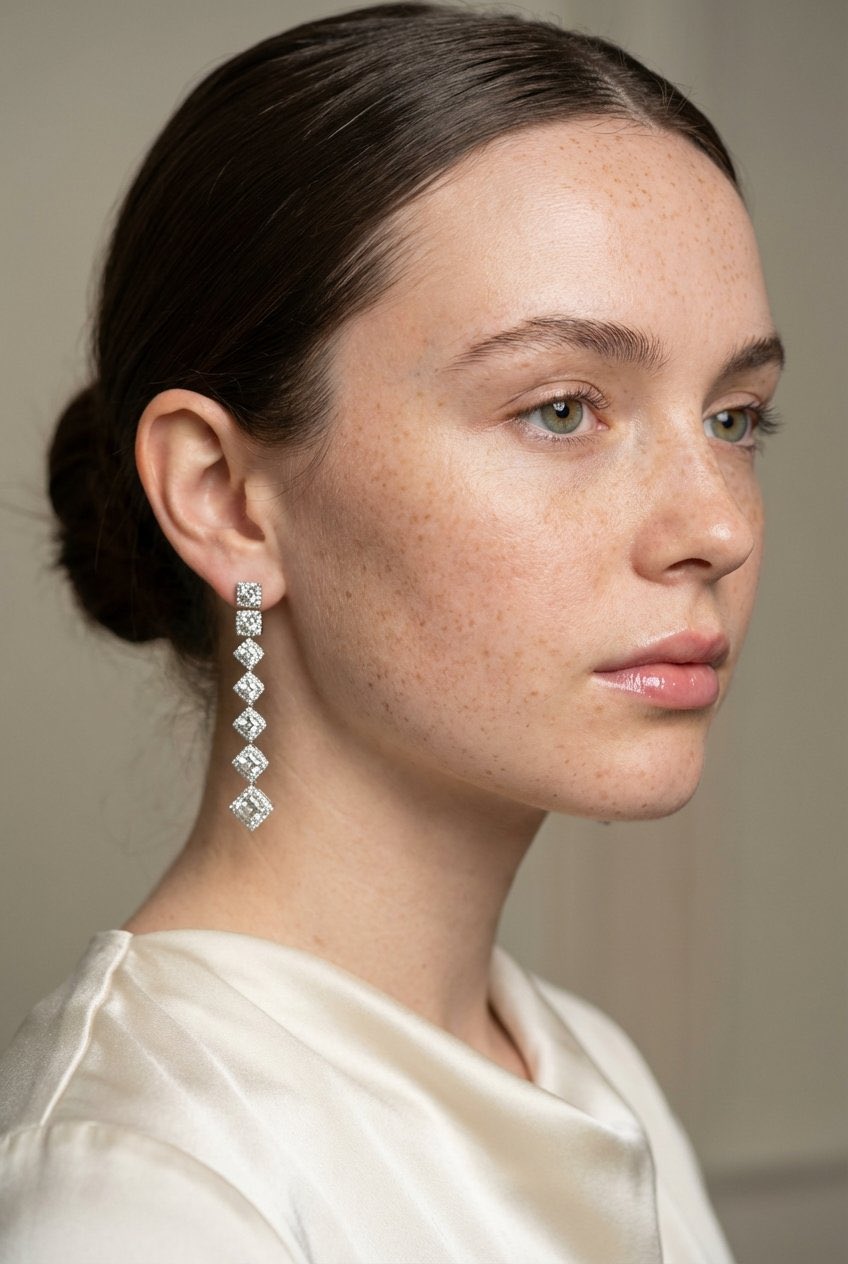 Close-up portrait of a young woman with fair skin and natural freckles, featuring soft lighting and elegant styling.