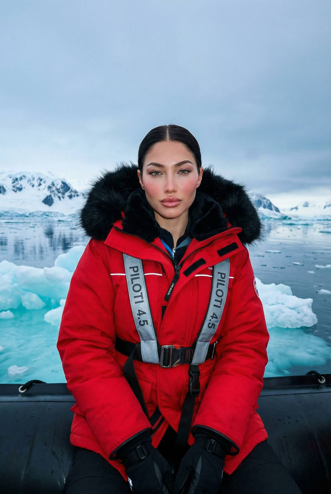 Young woman in a red parka seated in a polar boat on icy waters, surrounded by turquoise ice and reflections.