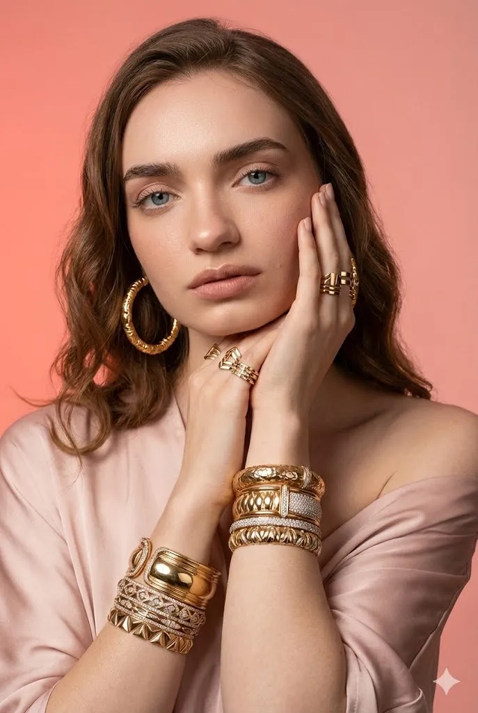 Earrings Bracelets And Rings In Fashion Portrait