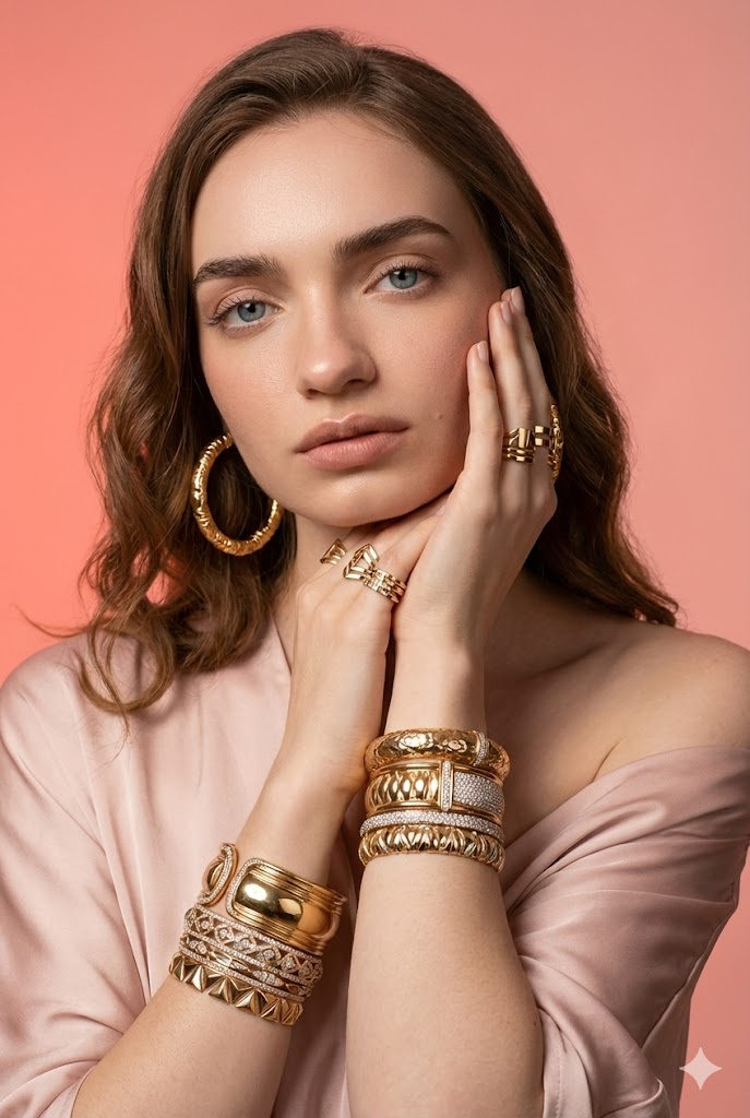 Elegant portrait of a model wearing bold gold and diamond jewelry, posing against a coral-pink gradient background with a soft glow.