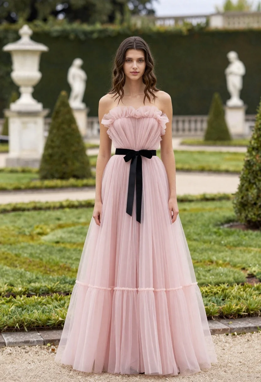 Woman With Wavy Brown Hair Stands Formal Garden Wearing Elegant