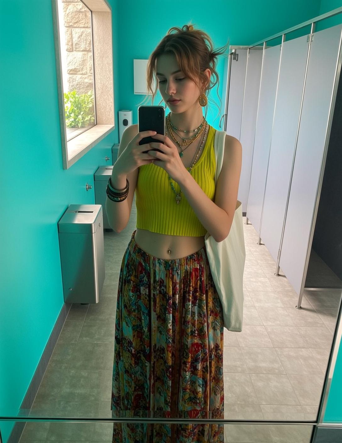 Auburn Hair Yellow Crop Top Floral Skirt Selfie Public Restroom