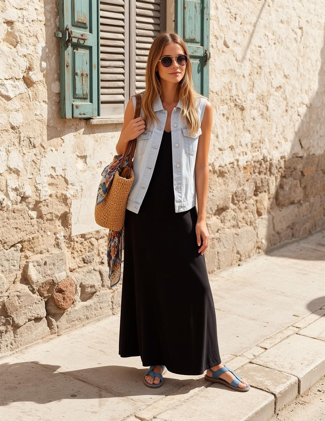 Blonde in Denim Vest on Cobblestone Street